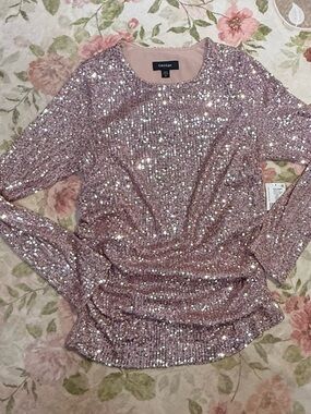 Karen Kane NWT Sequin Shimmer Ruched Sides Long Sleeve Top